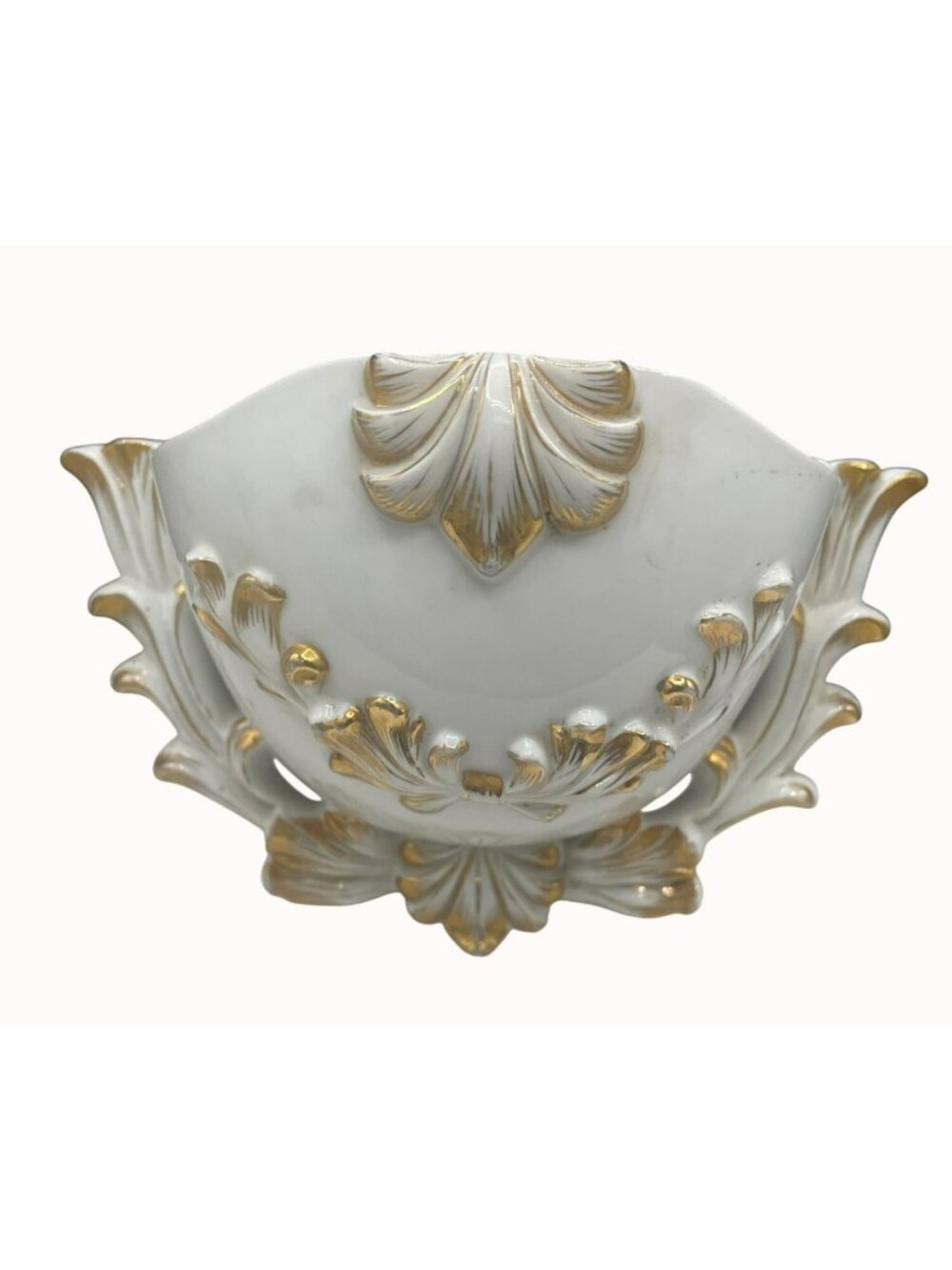 Hollywood Regency White Porcelain Hand-Gilded Gold Wall Pocket, Italy 9 x 5.5